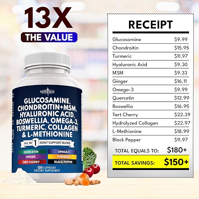 Glucosamine Chondroitin MSM Turmeric Curcumin Collagen Hyaluronic Acid Omega 3 – Joint Health Supplement for Men &amp Women – 120 Count