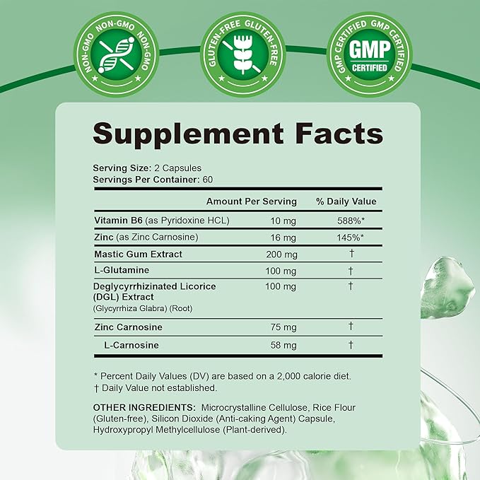 Zinc Carnosine Supplement with DGL Mastic Gum &amp L-Glutamine | for Stomach Lining Support | Gut Comfort and Digestive Health Support