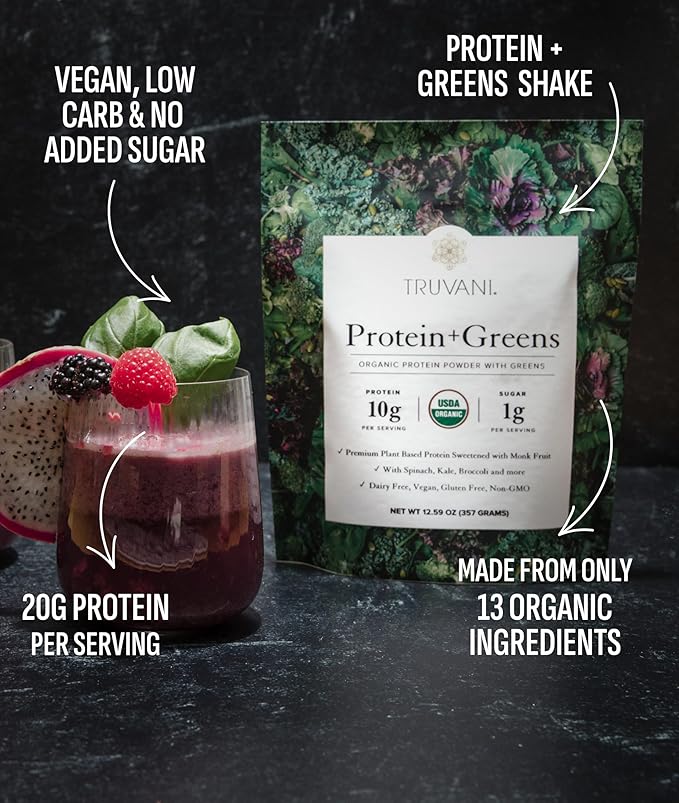 Truvani Protein + Greens Supplement | Spinach Kale &amp Broccoli | 10g Organic Plant Based Protein | 20 Servings | USDA Organic | Gluten &amp Dairy Free | Vegan | No Added Sugar