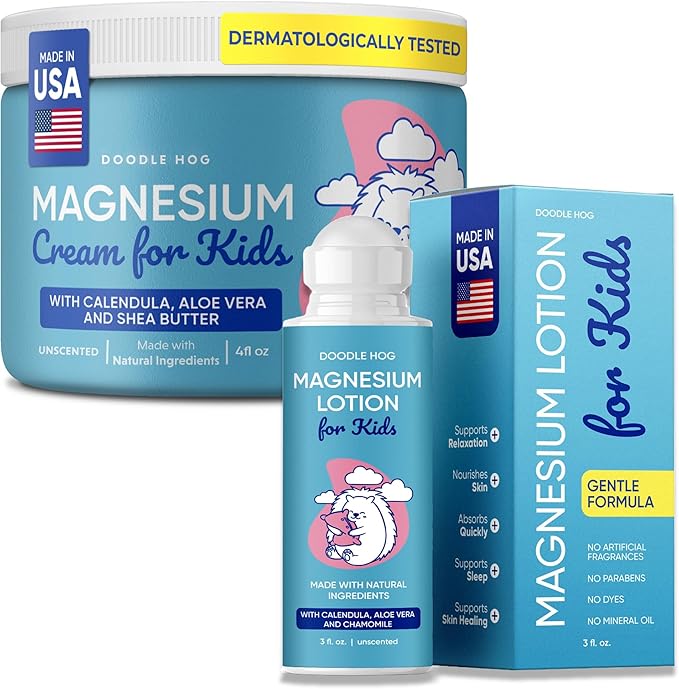 DOODLE HOG Magnesium Lotion for Kids Bundle - Unscented Cream and Lotion with Calendula Aloe Vera Shea Butter Chamomile - Topical Magnesium Cream for Sleep - USA Made