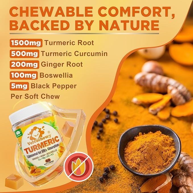 Liposomal Turmeric Curcumin 2000mg + Calcium 600mg &amp Vitamin D3 K2 Sugar Free Turmeric and Ginger Supplement Chews Gummies with Black Pepper Supports Healthy Response - 95% Curcuminoids Vegan