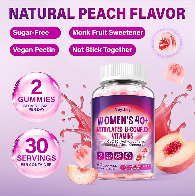 Methylated B Complex Vitamins Gummies for Women 40 Plus - B-Complex Vitamins B6 B1 B2 B3 B5 Methyl B12 Methylfolate Biotin with Vitamin C Omega-3 CoQ10 &amp Ashwagandha - Sugar-Free Vegan Non-