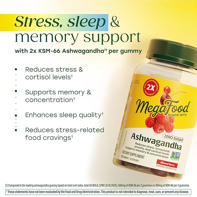 MegaFood Zero Sugar Ashwagandha Gummies - with Clinically Studied Ashwagandha KSM 66 - Cortisol Reducer &amp Stress Support - Mixed Berry Flavor No Gelatin Vegan - 60 Gummy Vitamins 30 Servings