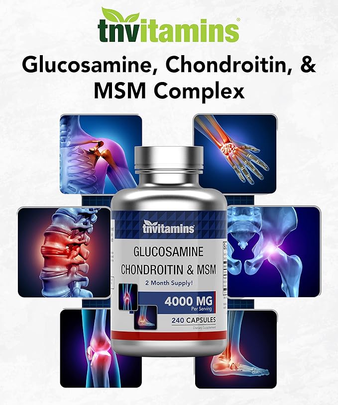tnvitamins Glucosamine Chondroitin MSM Capsules 240 Count | 4000 mg Per Serving | 2000 mg Glucosamine Sulfate 2KCl + 2000 mg MSM &amp Chondroitin Blend | Joint Support Supplement