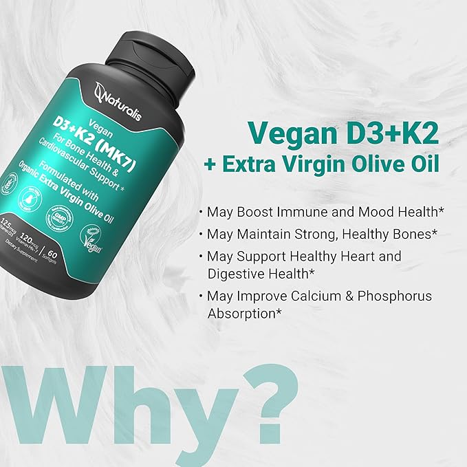 Naturalis Vegan Vitamin D3 + K2 from Algae | 5000iu Vitamin D with 120mcg MK7 Vitamin K | Vegan Society Certified Sustainably Sourced Better Than Animal Derived | 60 Veggie Softgels