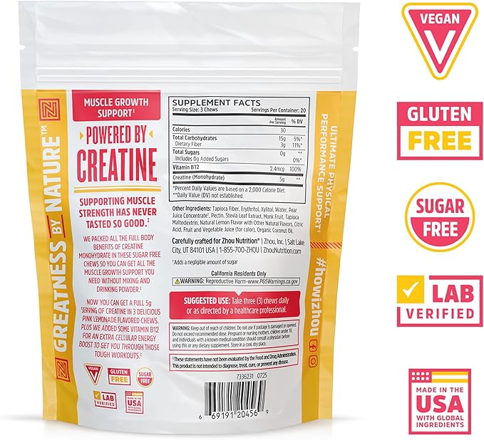 ZHOU Nutrition Creatine Monohydrate Chewables 5g for Men &amp Women Sugar Free Organic Non GMO Pink Lemonade 60 Creatine Gummies