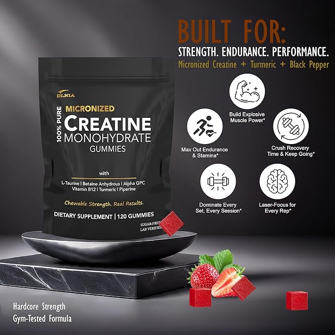 Creatine Monohydrate Gummies for Men &amp Women - Sugar Free &amp Vegan Advanced Formula W/L-Taurine + Vitamin B12 - for Muscle Strength Muscles Builder Recovery (120 Count (Pack of 1) Strawberry
