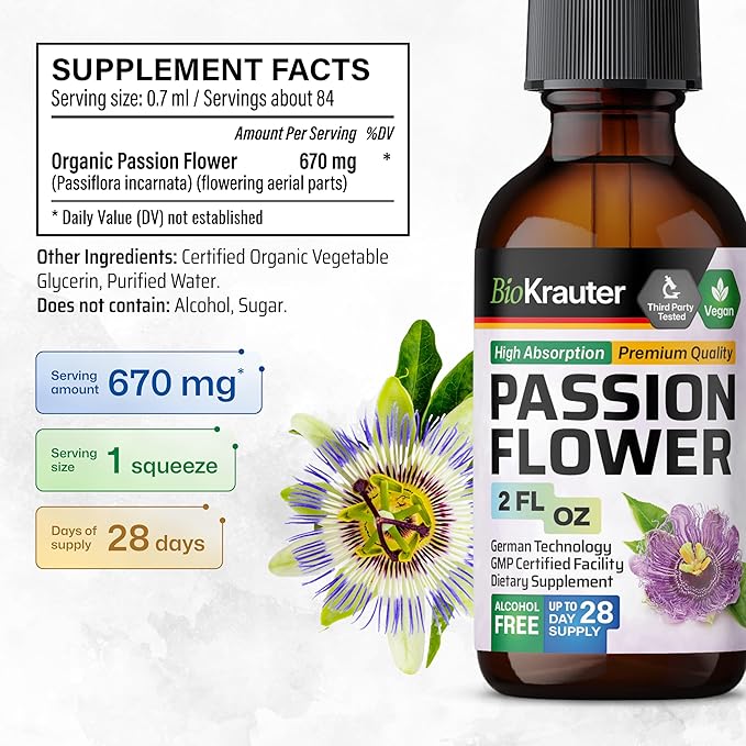 BIO KRAUTER® Passion Flower for Stress Relief - Calm &amp Mood Support - Pure Vegan Liquid Drops Passion Flower Extract 670 mg/Serving 2 Fl.Oz 28-Day Supply - Alcohol &amp Sugar Free - Natural Calm