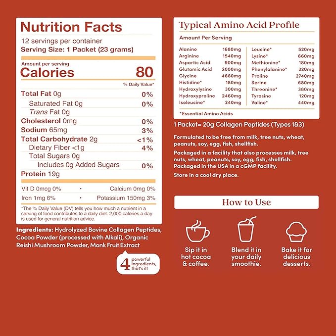 Further Food Chocolate Collagen Peptides Powder with Reishi Mushroom - 100% Grass-Fed Hydrolyzed Type 1 &amp 3 20g of Collagen per Serving Supports Skin Hair Nails &amp Joints Stick Packs 9.7