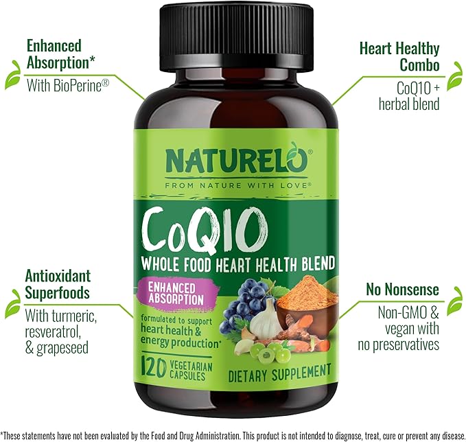 NATURELO Whole Food CoQ10 Supplement 120 Veg Capsules Heart Health Blend Powerful Antioxidant CoQ10 100mg Supports Energy Production