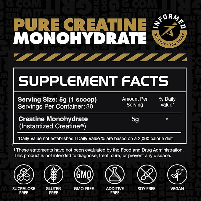 Gains in Bulk Instantized Creatine Monohydrate for Women and Men Soluble Creatine Powder Supports Muscle Building Strength and Performance Bodybuilding Supplements Unflavored 30 Servings