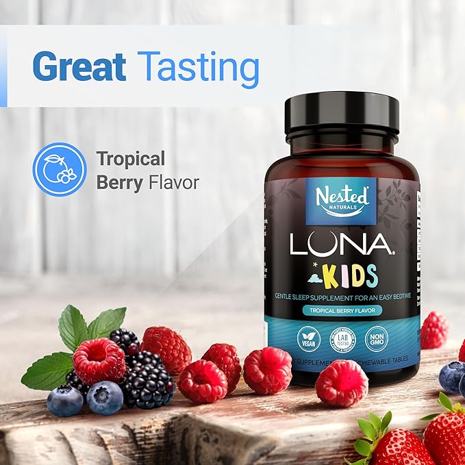 Nested Naturals Luna Kids Sleep Supplement - for Children &amp Melatonin Sensitive Adults - Gentle Herbal Supplement with Chamomile Melatonin &amp Valerian - 180 Chewable Tablets (60 Per Bottle)