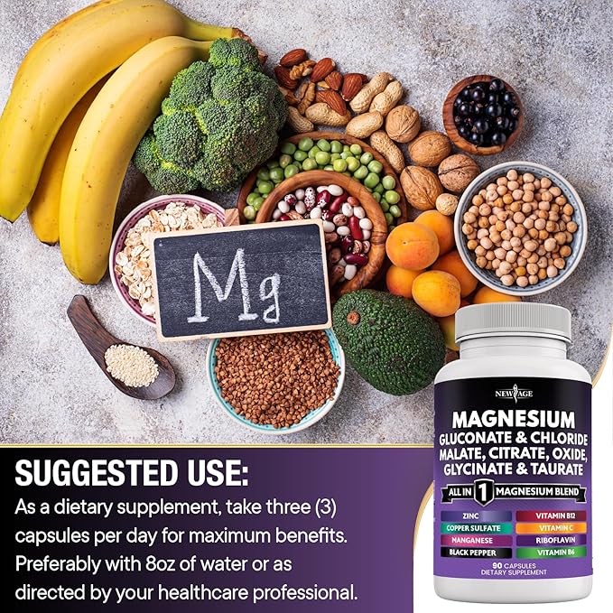 NEW AGE Magnesium Supplement -Powerful Glycinate Citrate Malate Oxide Taurate Aspartate Gluconate Orotate &amp Mag Chloride Manganese Bone Health and Bone Strength Joint Support- 270 Count