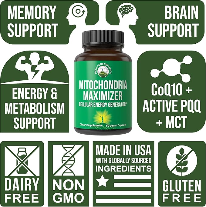 Peak Performance Mitochondria Maximizer with CoQ10 and Active PQQ. Best Mitochondrial Support Supplement with MCT Oil. Natural Cellular Generator for Clean Energy Support. 60 Vegetarian Capsules