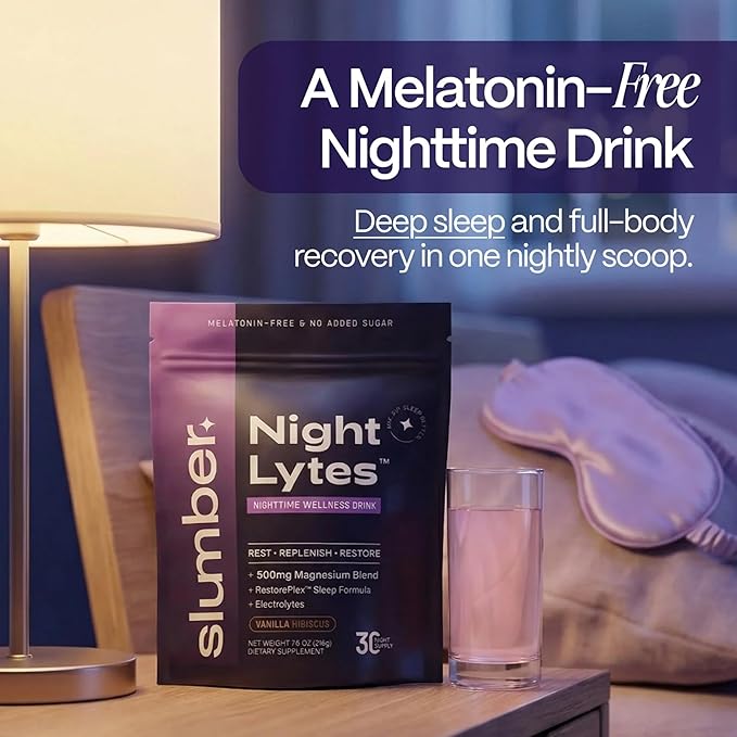 Slumber Night Lytes Magnesium Sleep Powder Drink Mix Vanilla Hibiscus Flavor Magnesium Glycinate L-Theanine Vitamin D3 Zinc Sugar Free Vegan 30 Servings