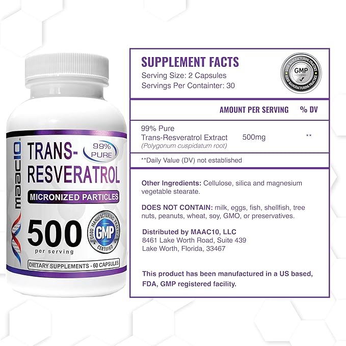 MAAC10 - Trans Resveratrol 500mg 3-Pack (Micronized Pharmaceutical Grade 99% Pure Trans-Resveratrol Extract + BioPerine for Superior Absorption).