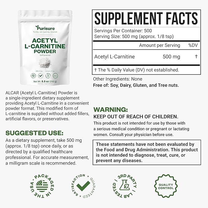 Purisure Acetyl L-Carnitine Powde ALCAR Powder Amino Acid Supplement Acetyl L-Carnitine Supplement for Better Cognitive Performance and Muscular Endurance Gluten Free Non-GMO 250g (8.8 oz)