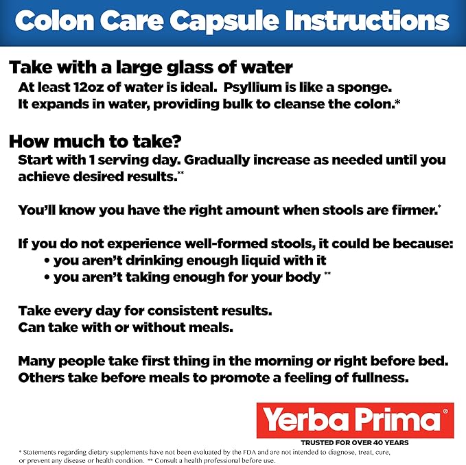Yerba Prima Prebiotics Colon Care Fiber Caps 180 Capsules - Five Forms of Fiber Plus FOS Pre-biotics - Dietary Health Supplement - Healthy Soluble &amp Insoluble Fibers for Regularity