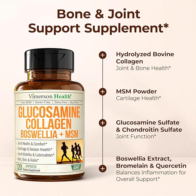Glucosamine Chondroitin MSM with Hydrolyzed Collagen Peptides - Joint Support Supplement with Quercetin Bromelain &amp Boswellia Extract - Collagen pills for Hair Skin Nails - FSA Eligible 120 Caps
