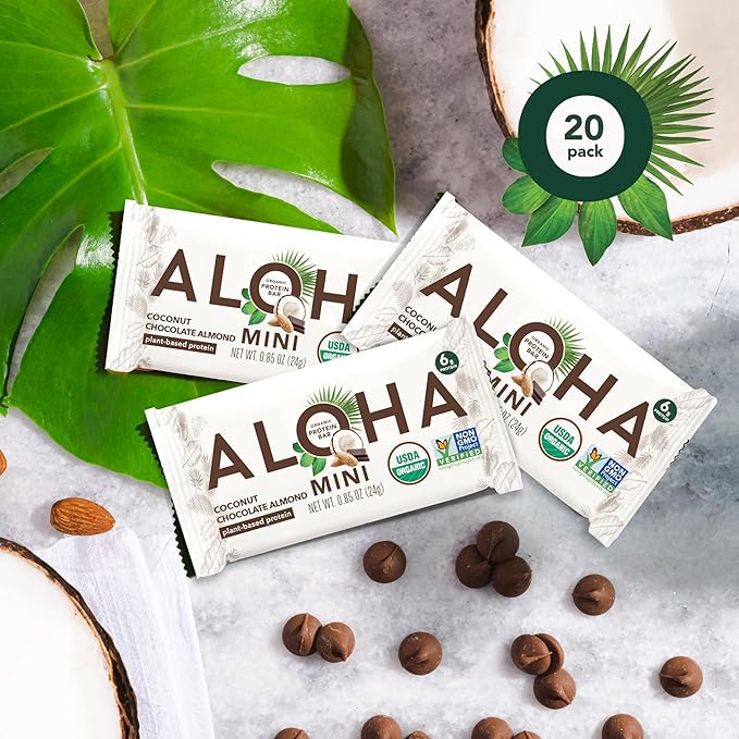 ALOHA Organic Plant Based Protein Bar MINIS |Coconut Chocolate Almond | 20 Count 24g Bars | Vegan Low Sugar Gluten Free Paleo Low Carb Non-GMO Stevia Free Soy Free No Sugar Alcohols