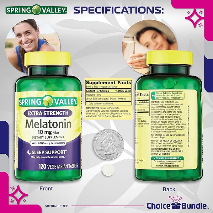 Spring Valley Extra Strength Melatonin Tablets with Lemon Balm Dietary Supplement for Sleep Support 10 mg 120 Ct 2 pk (240 Total) + Vitamin Vitality &amp Pill Container (4 Items)!