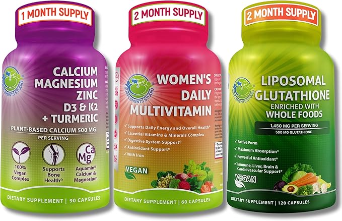 Women’s Multivitamin Calcium &amp Liposomal Glutathione Trio - Plant-Based Calcium Magnesium Zinc D3 K2 &amp Turmeric + Women’s Daily Multivitamin with Iron + Liposomal Glutathione 500mg