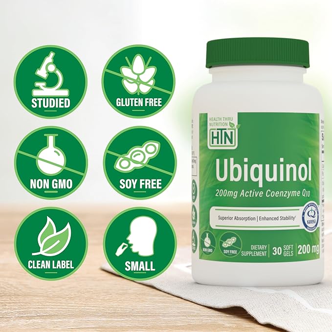 Health Thru Nutrition Ubiquinol 200mg 30 Softgels as Kaneka QH Reduced CoQ-10 | Stabilized - 3rd Party Tested | Enhanced Bioavailability | Cardiovascular &amp Mitochondria Function Support | Non-GMO