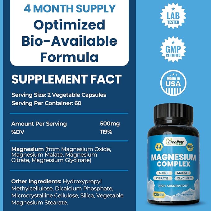 Magnesium Supplement with Glycinate Citrate Malate &amp Oxide Plus Organic Aswagandha Supplement for Digestion Sleep Heart Health &amp Energy