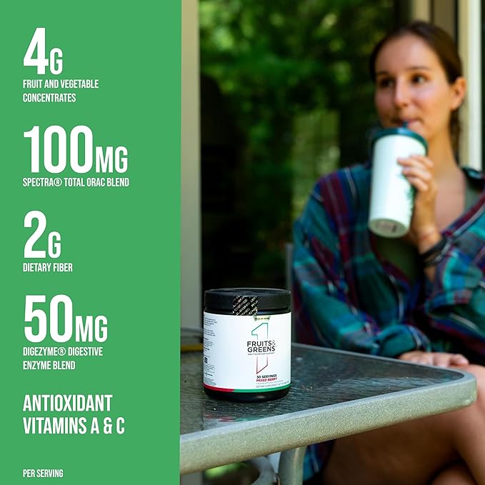 Rule 1 Proteins Fruits &amp Greens Powder - 40+ Active Ingredients Including 4g Fruit &amp Vegetable Concentrates + 2g Prebiotic Fiber for Daily Wellness (30 Servings Mixed Berry)