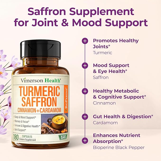 Saffron Supplements – 89mg Saffron Extract 1000mg Turmeric Curcumin Ceylon Cinnamon &amp Cardamom – Daily Mood Joint &amp Metabolic Support – Joint Supplements for Women &amp Men – 180 Capsules