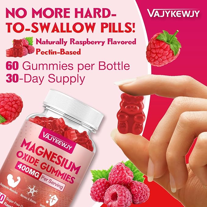 Magnesium Oxide Gummies 400mg for Adults &amp Kids – High Absorption Stress Relief Muscle Relaxation – Vegan Non-GMO Raspberry Flavor – 120 Count