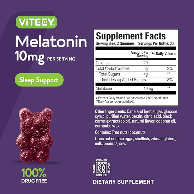Viteey Melatonin Gummies 10mg - Sleep Gummies for Adults Extra Strength Melatonin - Vegan GMO Free Gluten Free - 120 Count