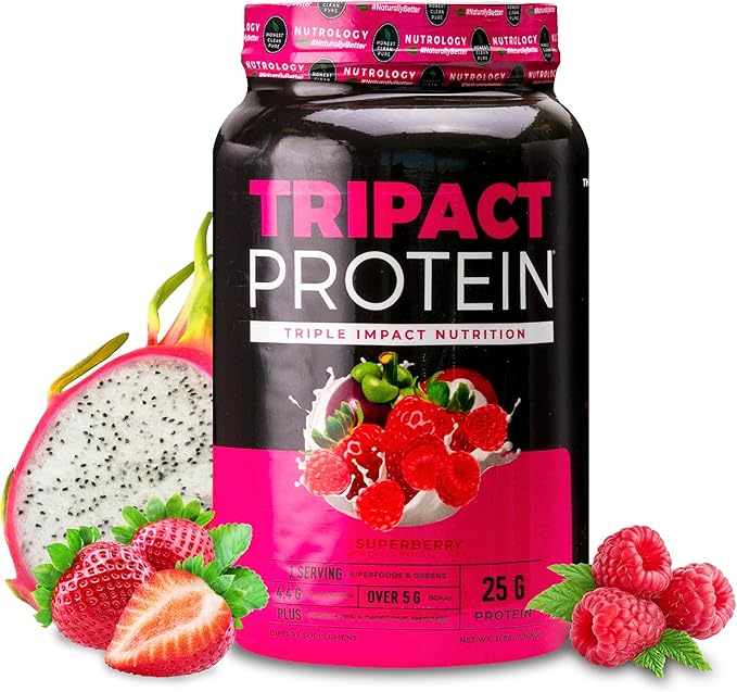 Nutrology TRIPACT Protein Powder - 7-in-1 Meal Replacement Shake with Grass Fed Whey Protein Powder Pea Rice Greens for Muscle Recovery &amp Immunity Superberry Flavor 40 Servings