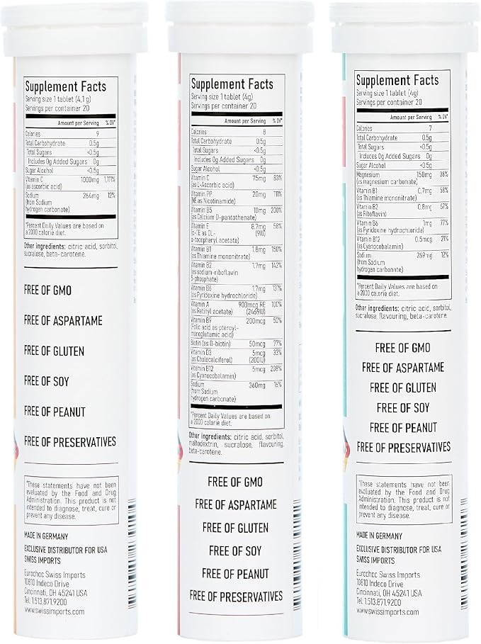 Effervescent Variety Pack with Vitamin C 1000mg Magnesium + B Complex Multivitamin + Biotin 3-Pack 60 Tablets
