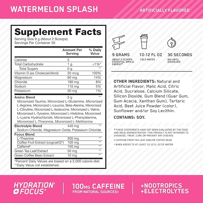 Optimum Nutrition Amino Energy Powder Plus Focus with BCAA Electrolytes and Caffeine Watermelon 30 Servings (Packaging May Vary)