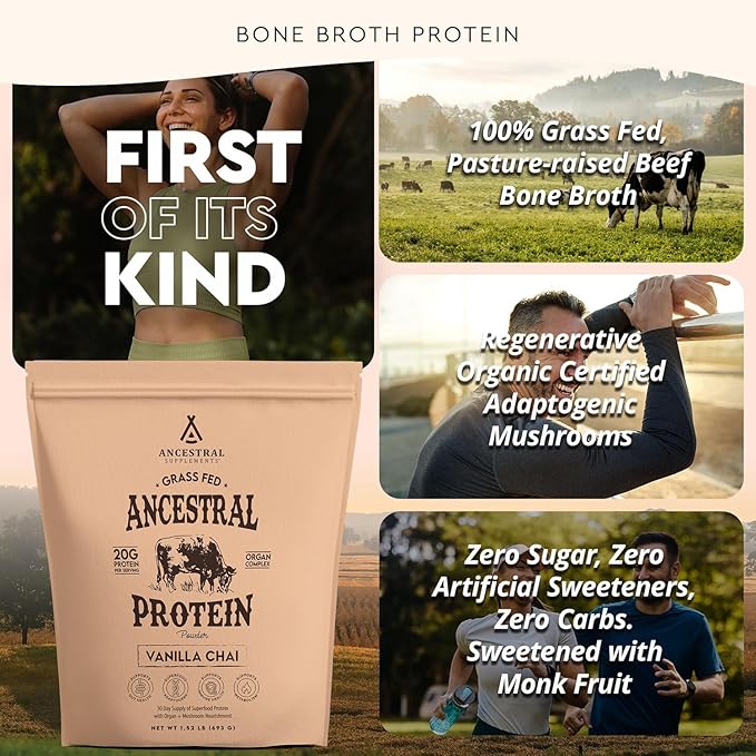 Ancestral Supplements Grass Fed Protein Powder Vanilla Chai Bone Broth Protein + Beef Organs + Organic Mushrooms 20g Protein Gut Health Support 30 Servings