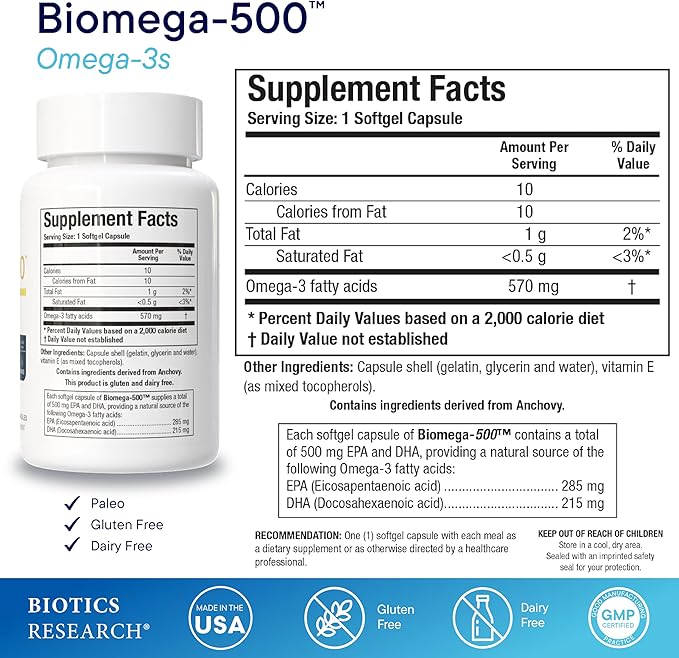 Biotics Research Biomega 500 Omega 3 Fish Oil Supplement Highly Concentrated Fish Oil with EPA/DHA Omega 3 Fatty acids Supports Immune and Cardiovascular 90 Softgel Capsules