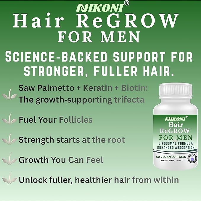 Nikoni Hair ReGROW for Men – Liposomal Hair Support Liposomal Formula with Biotin Keratin Saw Palmetto &amp Essential Nutrients-60 Vegan Softgels