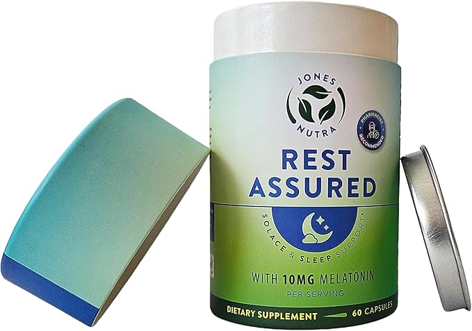 Rest Assured Nighttime Sleep Support Supplement with Melatonin Magnesium Chamomile Passion Flower St John's Wort Ashwaganda L-Theanine L-Taurine Eco-Friendly Packaging 30 day supply
