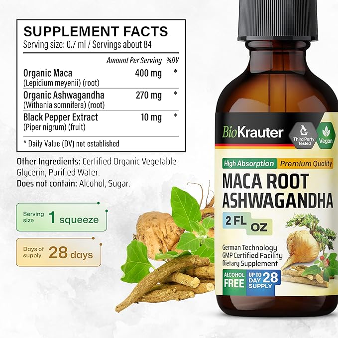 BIO KRAUTER Maca Root Ashwagandha Tincture 2 Fl. Oz. &amp Korean Panax Ginseng Tincture 2 Fl. Oz.