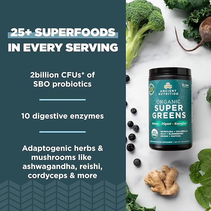 Ancient Nutrition Bone Broth Protein Powder Salted Caramel 20 Servings + Organic Supergreens Powder Greens Flavor 25 Servings