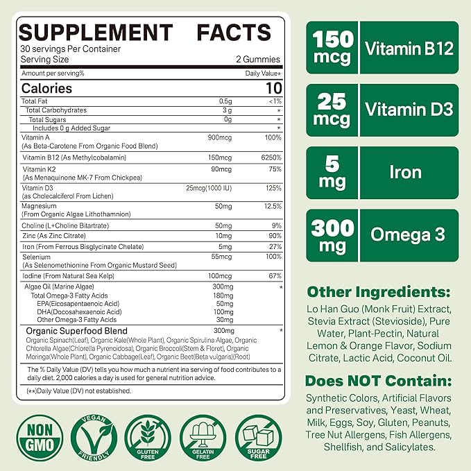 NEVISS Vegan Multivitamin Gummies with Potassium Citrate 1000mg Gummies