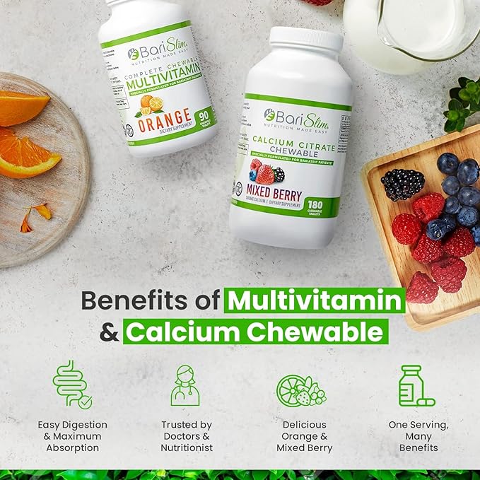 BariSlim Bariatric Calcium Citrate &amp Complete Chewable Multivitamin - Bariatric Vitamin and Supplement for Post Bariatric Surgery Including Gastric Bypass and Gastric Sleeve