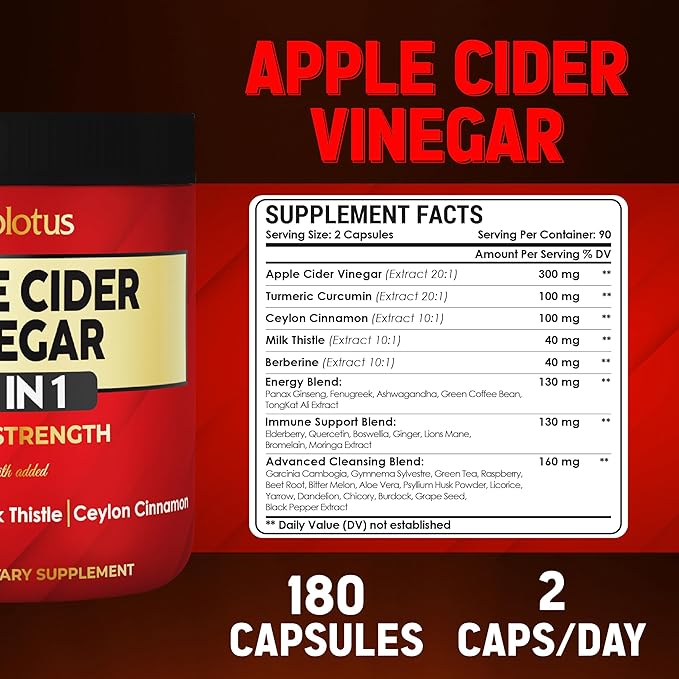 Zolotus 32in1 Apple Cider Vinegar Capsules with Turmeric Cinnamon Milk Thistle Elderberry Quercetin &amp More for Supports Digestion Immune - 180 Capsules