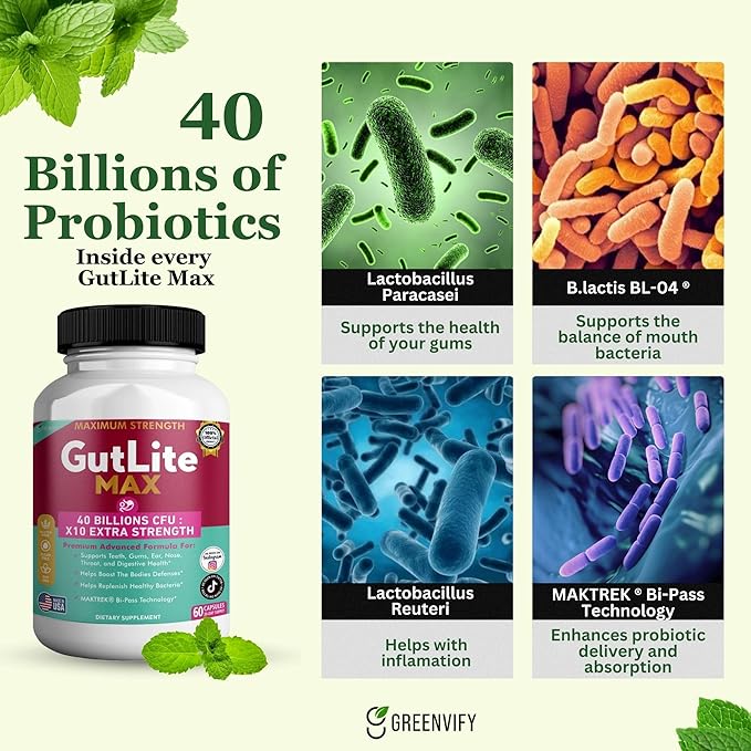 GutLite Max Probiotic Supplement Maximum Strength 40 Billion CFU 60 Capsules 30-Day Supply MAKTREK Bi-Pass Technology (1)