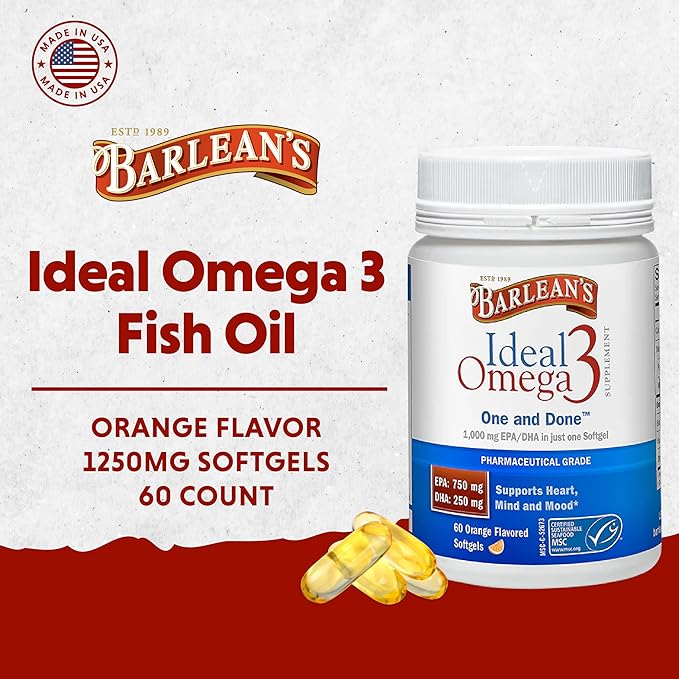 Barlean's Ideal Omega 3 Fish Oil Supplement 1000 mg Softgels Pharmaceutical Grade EPA &amp DHA for Brain Joint &amp Heart Health Orange Flavor 60 ct