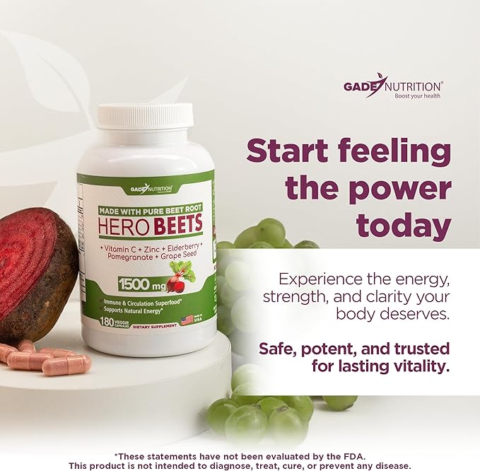 Gade Nutrition Hero Beets - Beet Root Capsules 1500mg - Organic Beet Root Powder + Vitamin C Zinc Elderberry Pomegranate Grape Seed Extract - 3 Months Supply