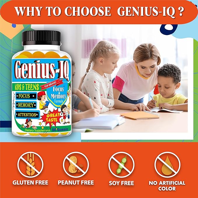 Genius IQ Kids Brain Supplements for Memory and Focus Omega 3-6-9 EPA DHA Gummy Vitamins Brain Booster Calm GummiesSupports Concentration Clarity Attention and Mood 60 Gummies