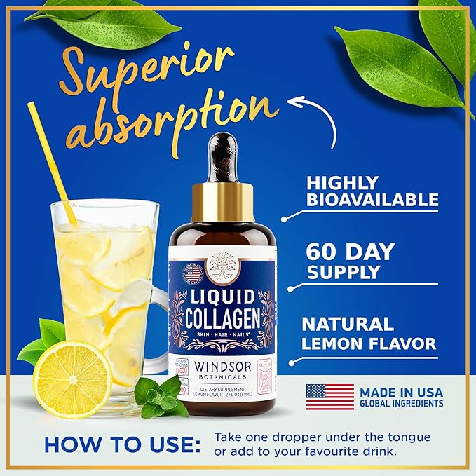 WINDSOR BOTANICALS 2p Liquid Collagen Hair Skin and Nails Vitamins and Cortisol Blocker - Beauty and Wellness Bundle