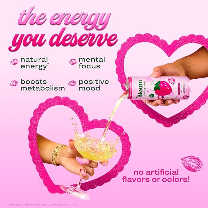 Bloom Nutrition Sparkling Energy Drink - Natural Caffeine Zero Sugar 180mg Caffeine - Antioxidant-Rich with Green Coffee Bean Green Tea Extract Prebiotics - Strawberry Rose - 12 oz (12 Pack)